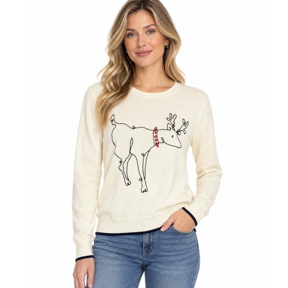 ED Ellen DeGeneres Womens Cream Reindeer Embroidered Cotton Sweater | Small